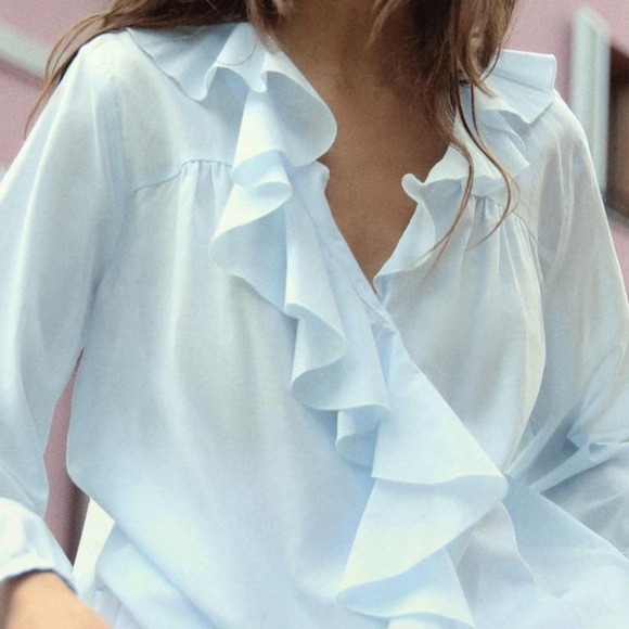 💙 ZARA Women's Romantic Blouse With Ruffles Sky Blue Size X-Large - Picture 4 of 12
